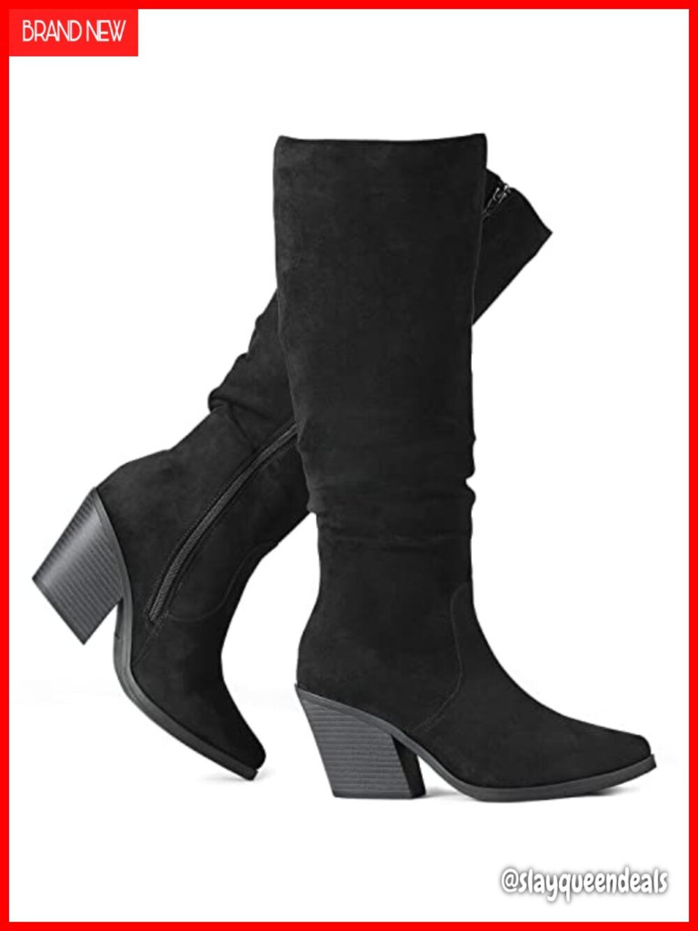 Faux Suede Knee High Boots Slouch Tall Chunky Heel Pointed Toe